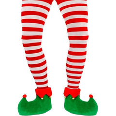 Green elf shoe covers with red trim and gold bells