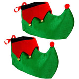 Green elf shoe covers with red trim and gold bells