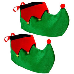 Green elf shoe covers with red trim and gold bells
