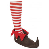Adult elf shoes in brown with red felt trim and bells
