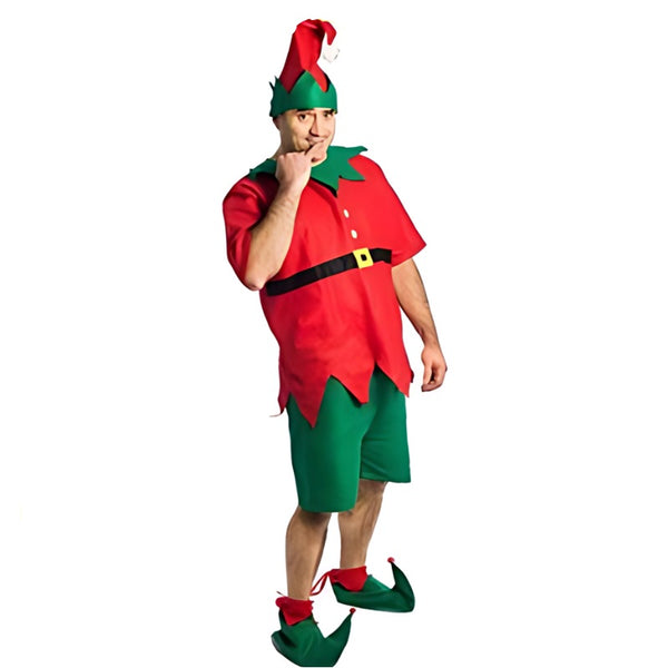 Elf summer costume, red top with with green collar, green shorts, matching hat and boot covers all made from felt.