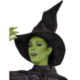 Close-up of Elphaba Wicked costume hire showing textured hat and green makeup