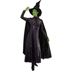 Elphaba Wicked costume hire with black textured dress and witch hat