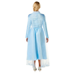 Elsa Deluxe Frozen 2 Adult Costume, calf length blue dress with printed front, V at neckline with glitter insert, sheer cape with snowflake design.