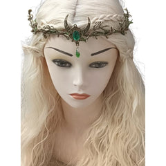 Mannequin head with blonde wig and decorative headpiece on a white background