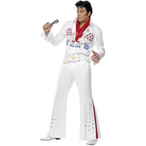 Elvis American eagle costume, white jumpsuit with jeweled detail on chest, red flare in trousers with star accents, wide belt with chain trim and red scraf.