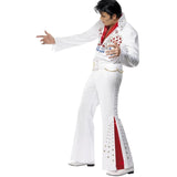 Elvis american eagle costume, white jumpsuit embellished with jewels and stars with red flare , belt and  scarf.