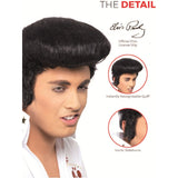Elvis wig with sideburns and quiff, featuring Elvis Presley's signature.