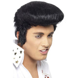 Elvis deluxe wig in black with iconic high quiff and long sideburns, signature Elvis Presley product