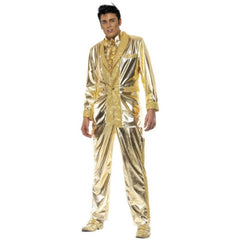 Elvis Presley gold suit costume with sequin-trimmed jacket and shirt front – Smiffys licensed outfit
