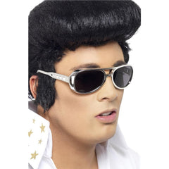 Elvis-style sunglasses in gold or silver frames, perfect for Elvis costumes, 70’s disco, or rock ‘n’ roll events