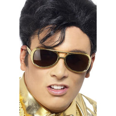 Elvis-style sunglasses in gold or silver frames, perfect for Elvis costumes, 70’s disco, or rock ‘n’ roll events