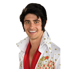 Official Elvis Presley adult wig with black hair, sideburns and classic rock and roll styling.