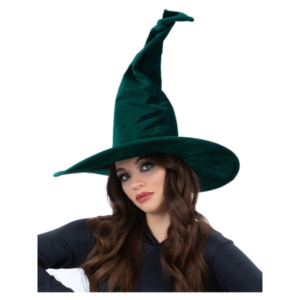 Emerald green velour pointed witch hat for Halloween, wicked witch, or fairy-tale costumes