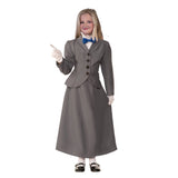 English nanny child costume, grey jacket, shirt front with attached bow tie, long skirt and hat.
