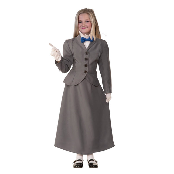 English nanny child costume, grey jacket, shirt front with attached bow tie, long skirt and hat.