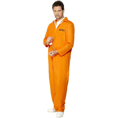 Orange escaped prisoner jumpsuit costume with printed number and zip front