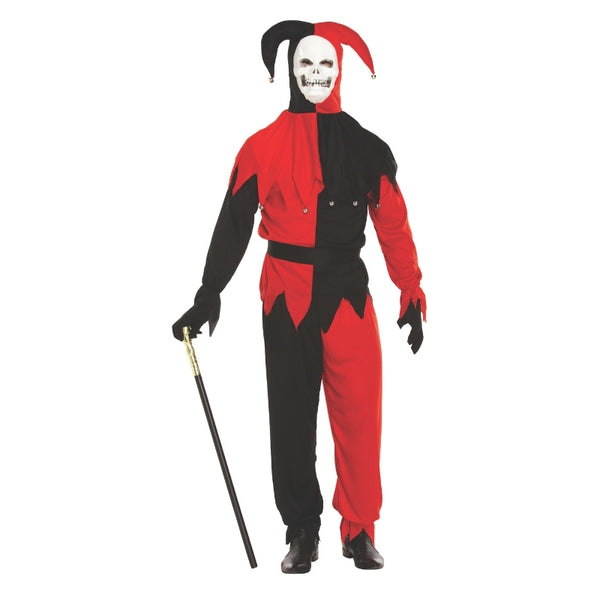 Men's evil jester Halloween costume with red and black medieval styling