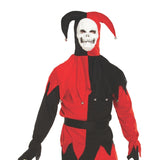 Evil jester costume showing attached soft latex mask and headpiece
