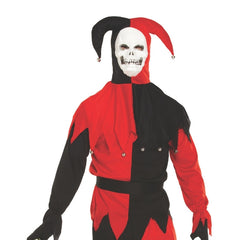 Men's evil jester Halloween costume with red and black medieval styling
