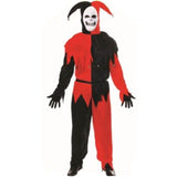 Evil Jester mens halloween costume, top and pants, half black and red, matching headpiece and belt.