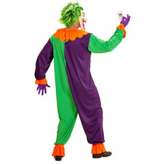Adult evil joker costume with colourful jumpsuit and creepy clown mask