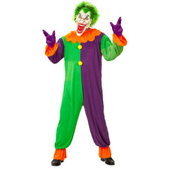 Adult evil joker costume with colourful jumpsuit and creepy clown mask