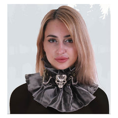 Evil Mistress Skull Collar, grey frily satin collar with feature metal skull.