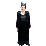 Evil Queen costume hire Brisbane with black velveteen gown and horned headdress