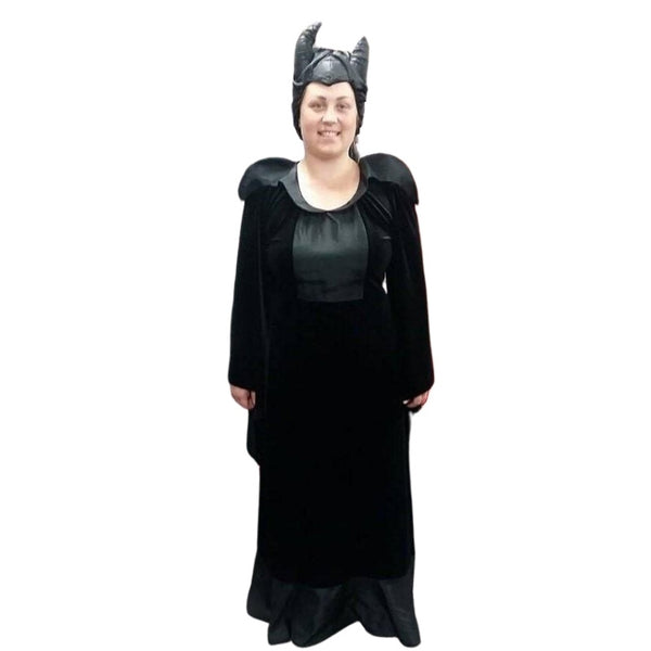Evil Queen costume hire Brisbane with black velveteen gown and horned headdress