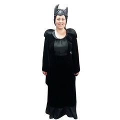 Evil Queen - Hire, long velveteen dress with flowing sleeves and high collar, headdress with attached horns.
