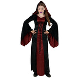 Ladies Evil Queen hooded costume with black and burgundy floor-length dress and bell sleeves