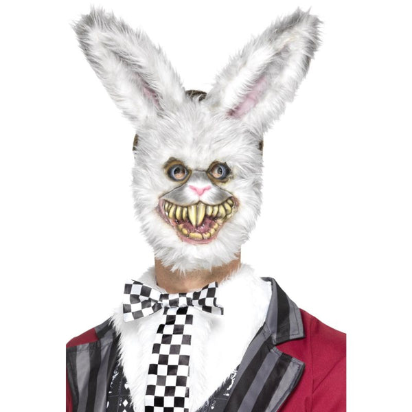 Evil White Rabbit Mask with EVA foam, white and grey fur, and creepy buck teeth – Halloween horror costume accessory