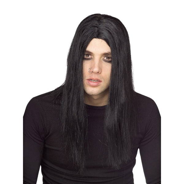 Evildoer Long Black Straight Wig - Adult, chest length straight wig with centre part.