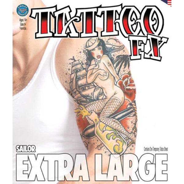 Extra Large Sailor Tattoo, 8.25' X 10.25" naked lady with fishnets and sailing ship behind her.
