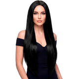 Extra Long Black Wig 75cm with sleek straight hair and centre part – adult costume wig