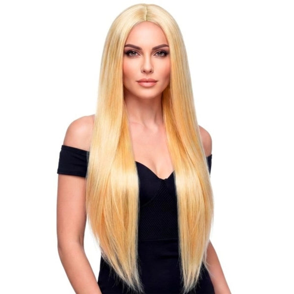 Extra Long Blonde Wig 75cm with sleek straight hair and centre part – adult costume wig