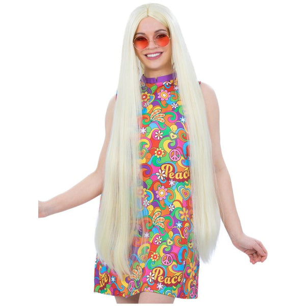 Extra long 100cm straight blonde hippie wig for 1960’s costumes, festivals, or fairy-tale princess outfits