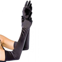 Black opera-length satin gloves by Leg Avenue featuring a smooth, elegant finish. Perfect for formal wear, vintage glamour, or costume accessories.