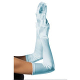 Blue opera-length satin gloves by Leg Avenue, featuring a smooth, lustrous finish. Ideal for elegant costumes, formal events, or vintage and theatrical ensembles.