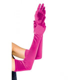Fuchsia pink opera-length satin gloves by Leg Avenue, featuring a vibrant, glossy finish. Perfect for bold costume looks, themed events, or glamorous retro style.