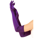 Purple opera-length satin gloves by Leg Avenue, featuring a sleek and shiny finish. Perfect for adding a regal or whimsical touch to costumes, parties, or formal attire.