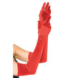 Red opera-length satin gloves by Leg Avenue, featuring a smooth and shiny finish. Perfect for glamorous costumes, formal events, or vintage-inspired looks.