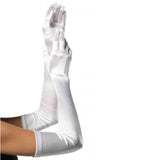 White opera-length satin gloves by Leg Avenue featuring a sleek, glossy finish. Ideal for elegant evening wear, bridal, or costume themes.