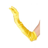Yellow opera-length satin gloves by Leg Avenue featuring a sleek, glossy finish. Great for bright costume themes, theatrical performances, or retro-inspired fashion.