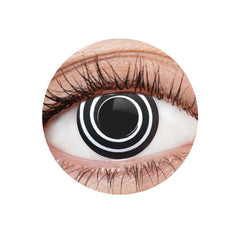EyeFX Black Spiral cosmetic contact lenses shown with included storage case