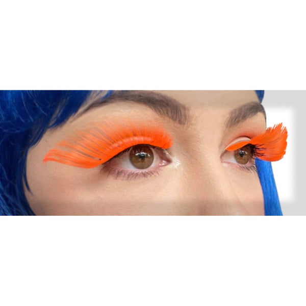 Eyelashes - Neon Orange that taper at the ends plus a tube of eyelash glue.
