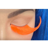 Long neon orange eyelashes that taper with eyelash glue.