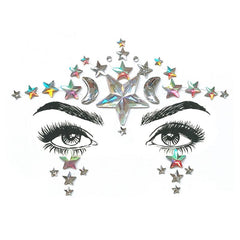 Face Jewels - Celestial, clear jewels in star and moon shape to wear above the eyebrows and below the eyes.