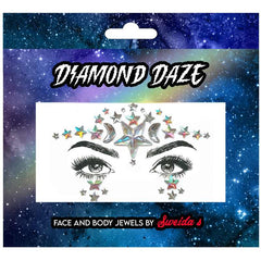 Face Jewels - Celestial, clear jewels in star and moon shape to wear above the eyebrows and below the eyes.